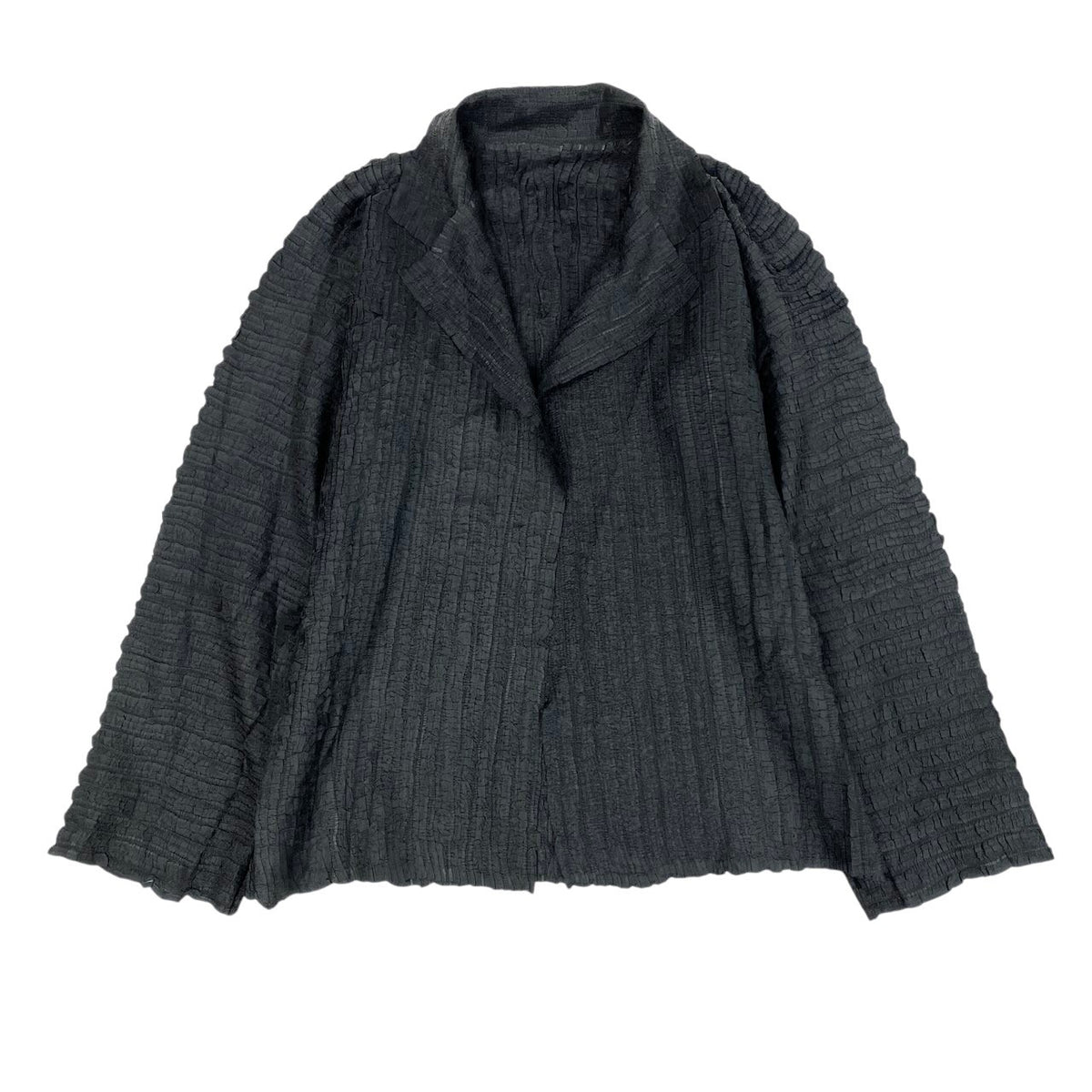 Ai20 ISSEY MIYAKE イッセイミヤケ シャーリング加工 ジャケット 日本製 カーディガン 羽織 2 ブラック ポリエステル レディースo07t