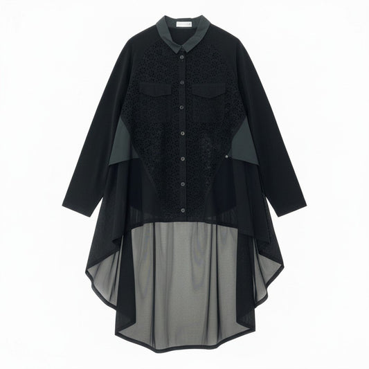 80c9 TOKUKO 1er VOL ＊J  トクコプルミエヴォル ロングスリーブシャツ フィッシュテール レース切替 花柄 レディース 女性服 サイズ9 ブラックu02t