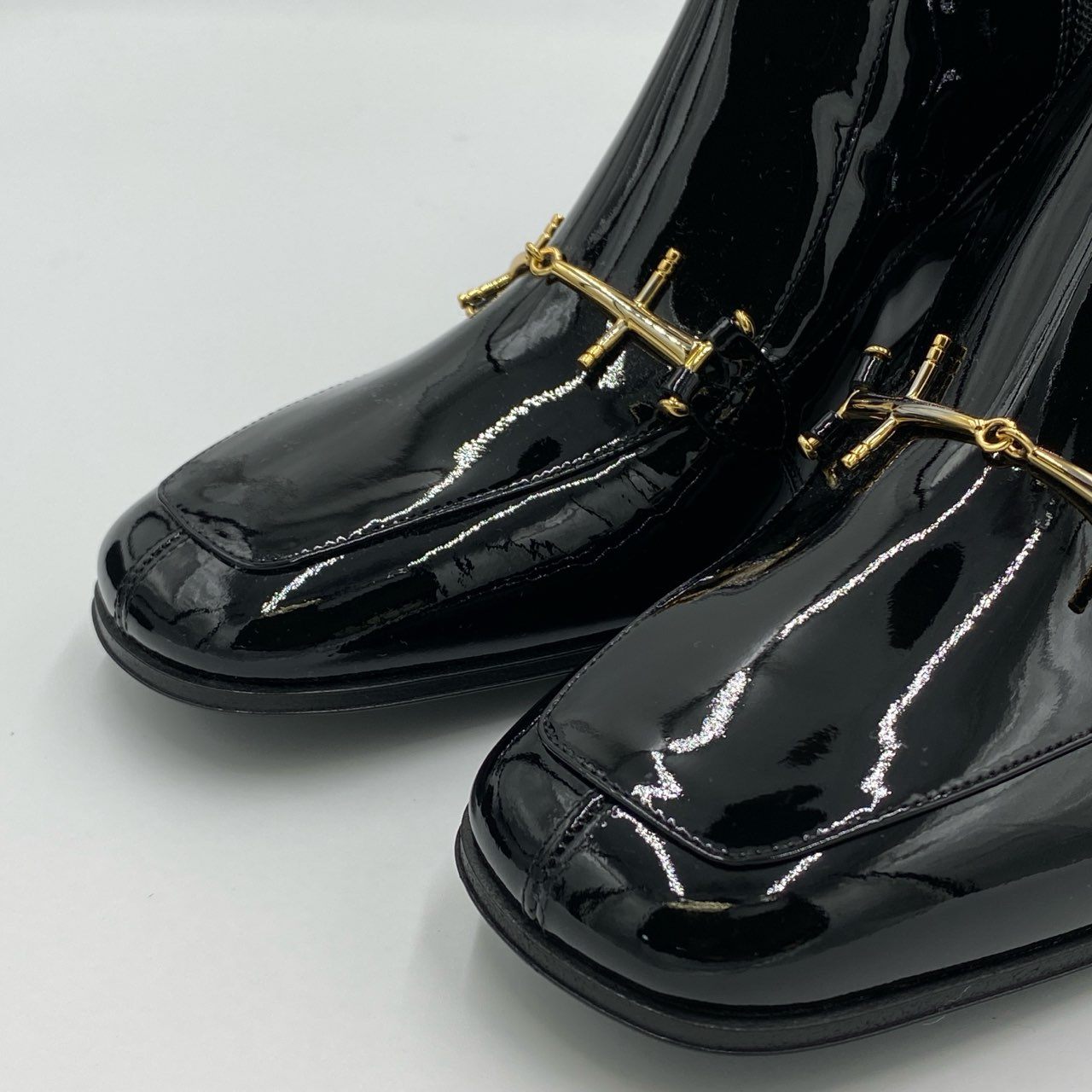 5h29《未使用品》 SAINT LAURENT サンローラン 23SS ホースビット エナメルブーツ 41 ブラック パテントレザー シューズ 箱 保存袋付きt18r