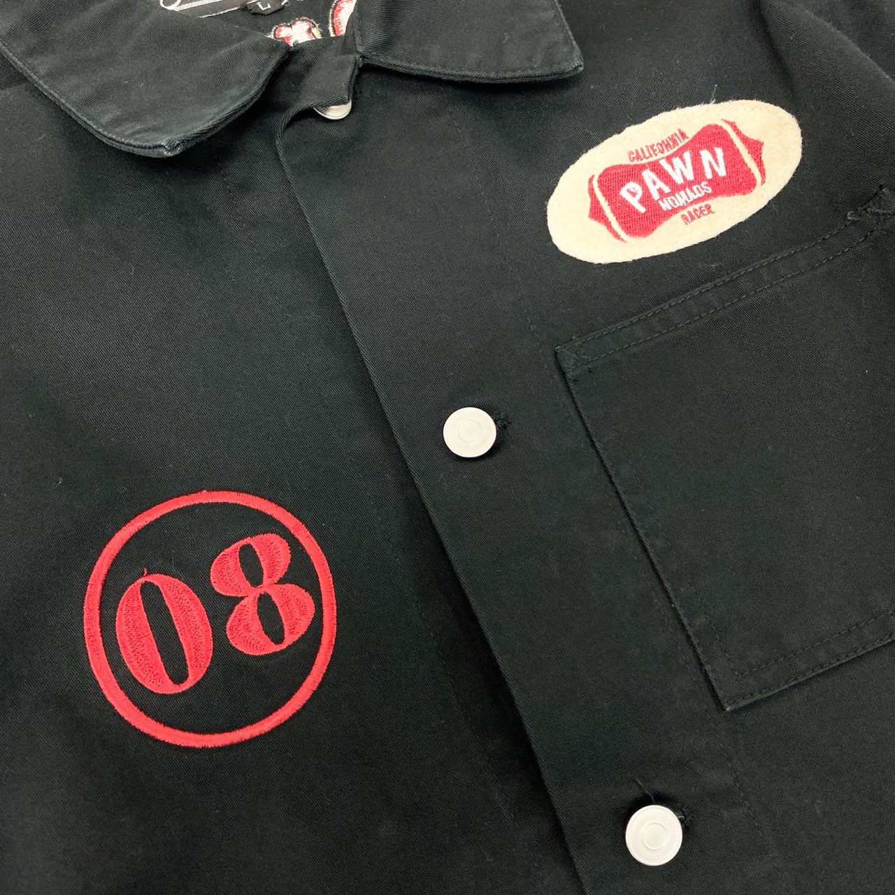 14j10 PAWN NOMADS パウン シャツジャケット カバーオール ワークジャケット ワッペン Lサイズ ブラック メンズo07t