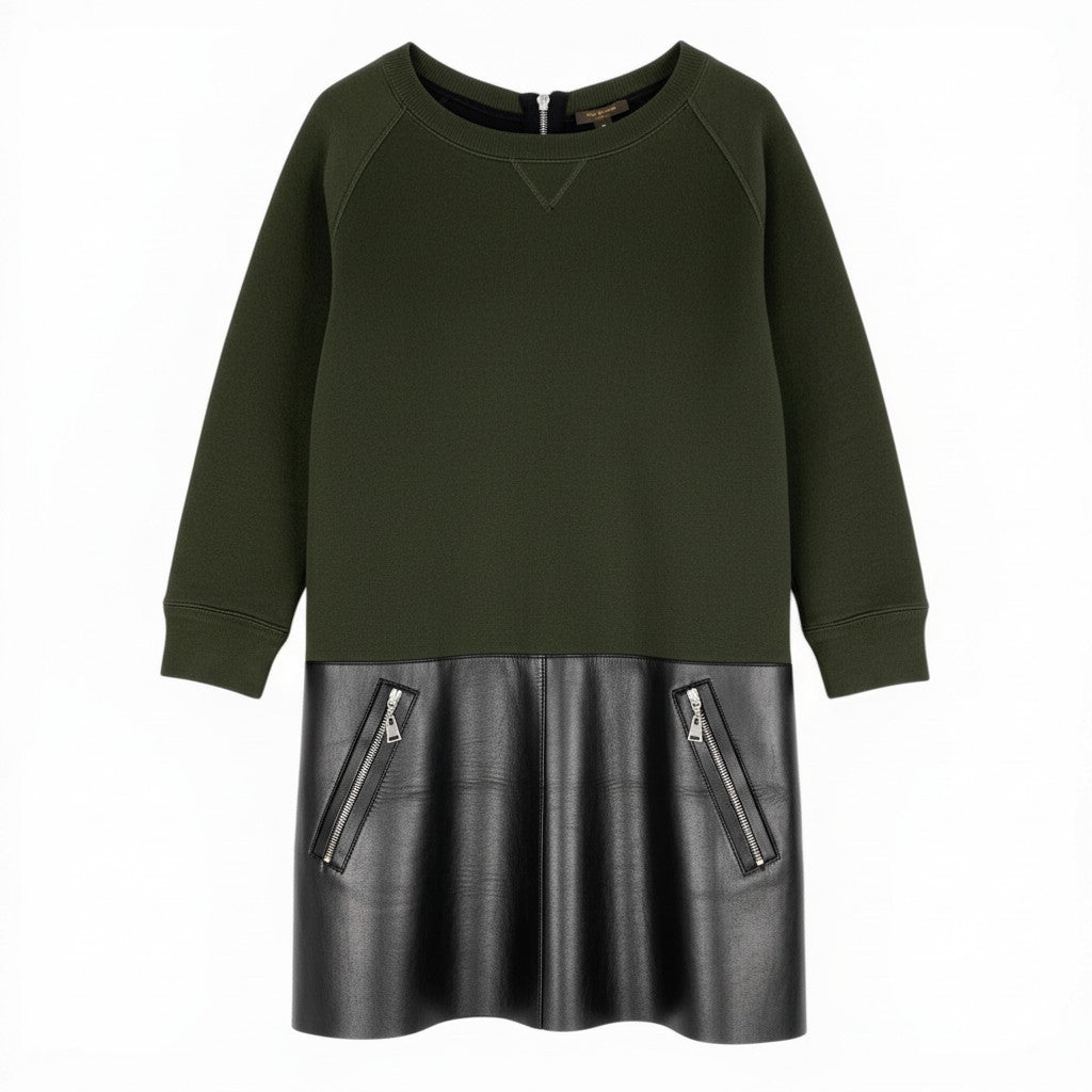 Ec31 《美品》 LOUIS VUITTON ルイヴィトン レザー切替 スウェットワンピース Switching Leather Jersey Dress XS ディープグリーン ブラックt18r