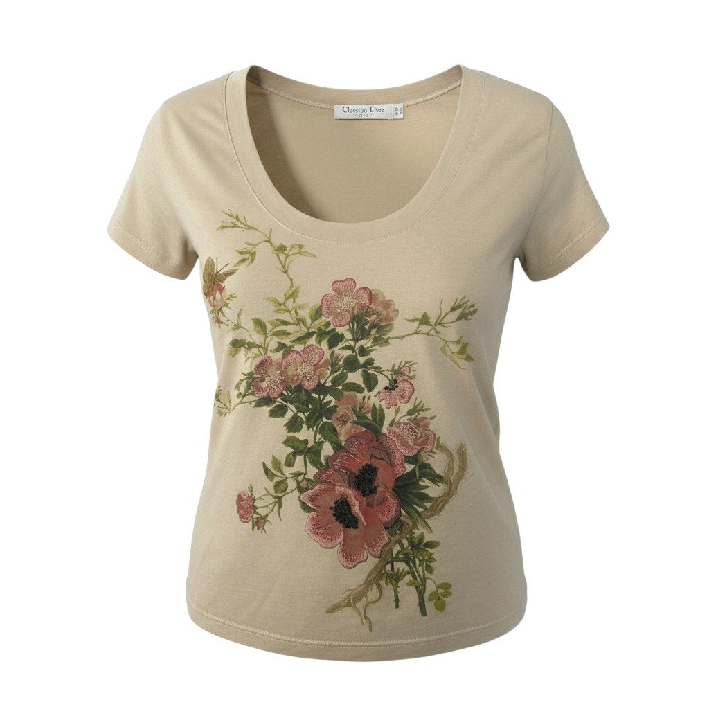 Ed22 Christian Dior クリスチャンディオール ガリアーノ期 半袖コットンTシャツ Uネック 花刺繍 トップス 46サイズ ベビーピンク コットン100％ レディース 女性用nu1