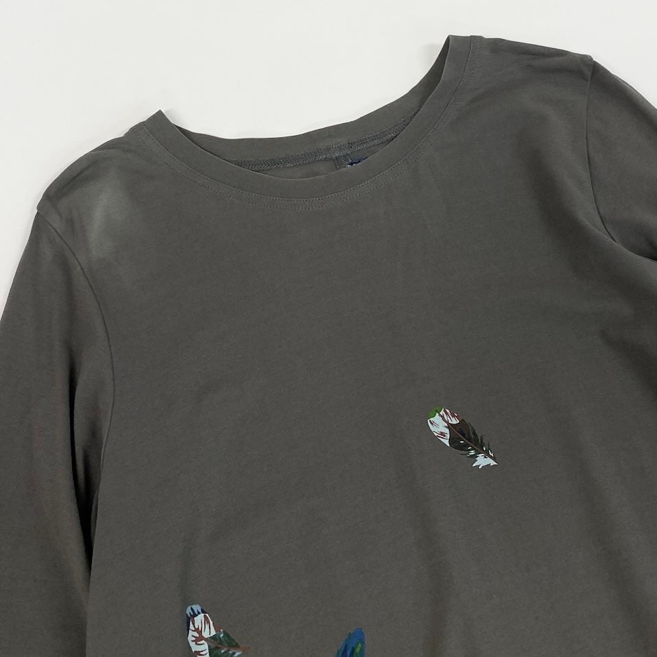 41c10 TOKUKO 1er VOL トクコプルミエヴォル チュニックワンピース Aライン 七分袖 羽柄  ストレッチ レディース 女性服 サイズ9 グレー系u02t