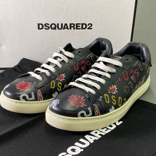 2e2 DSQUARED2 ディースクエアード 総柄 レザースニーカー ローカットスニーカー サイズ40 ブラック レザー メンズ 男性用 靴