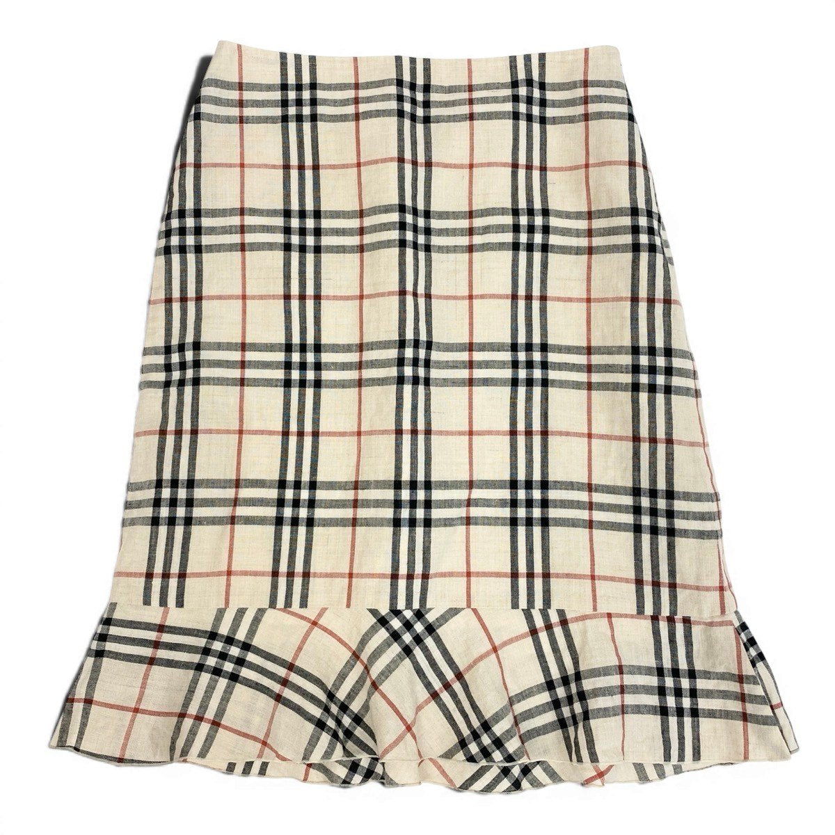 Ig19 BURBERRY LONDON BLUE LABEL バーバリーロンドン ブルーレーベル ノバチェック 裾フリル 膝丈スカート リネンブレンド サイズ38 ベージュ レディースo07t