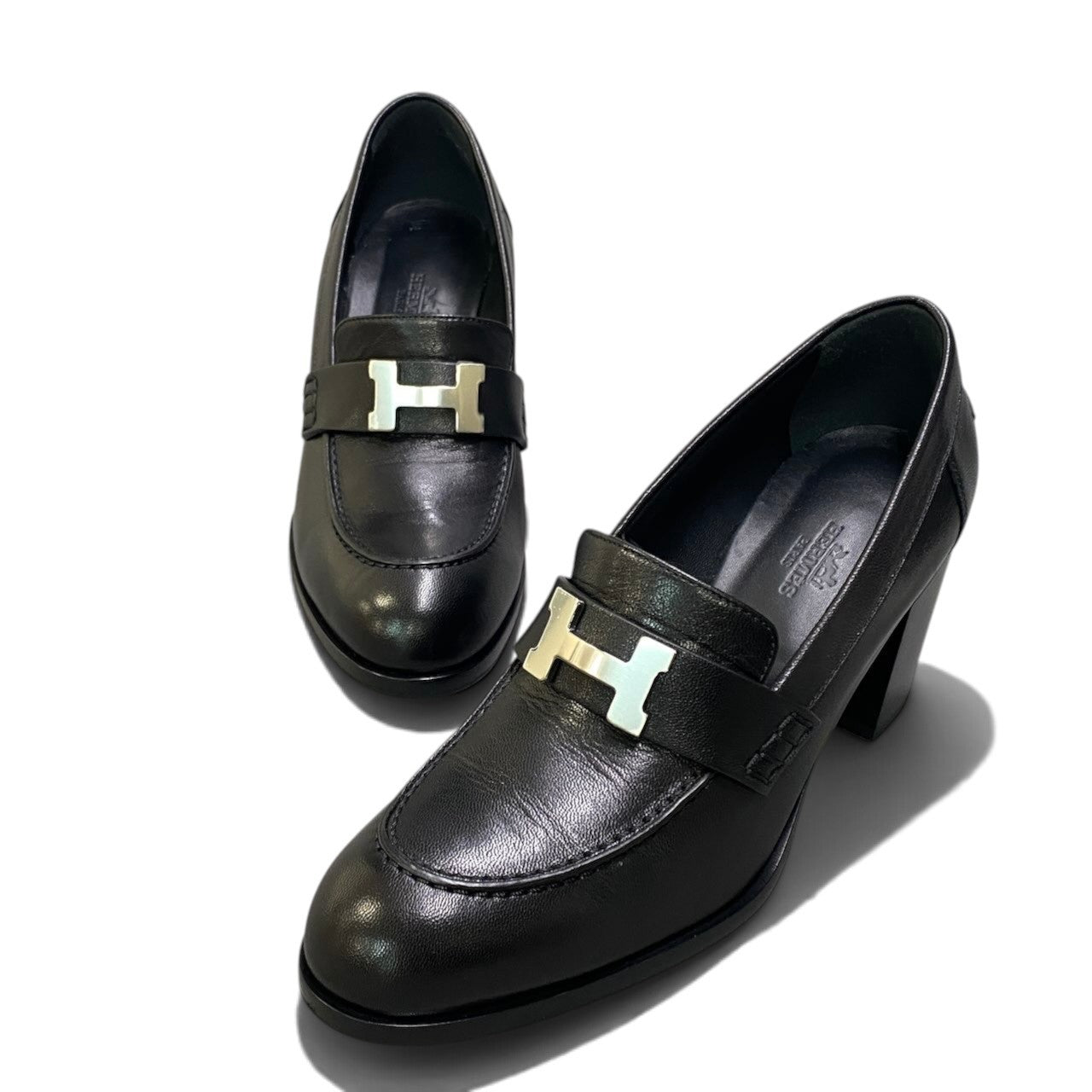i8 【極美品】 Hermès エルメス モカシン ドーフィン ヒールローファー H金具 サイズ38 ブラック レザー レディースk02i