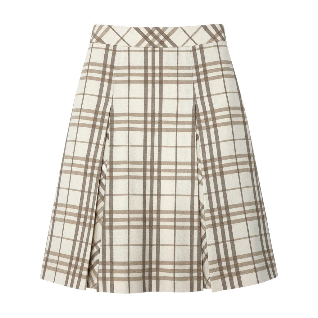 Ig6 BURBERRY LONDON バーバリー ラメ混 タックスカート チェック柄 サイズ34 ベージュ アイボリー ウール レディースo07t