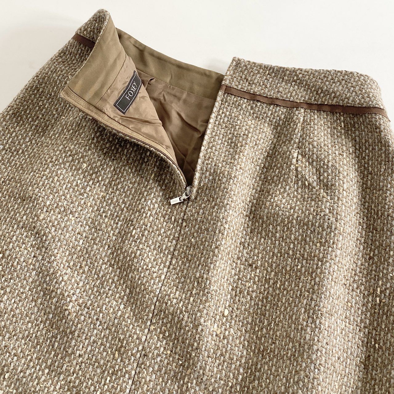 4j17 FOXEY フォクシー Skirt Tweed Trapeze ツイードスカート 38775 40 ブラウン カシミヤ混 日本製