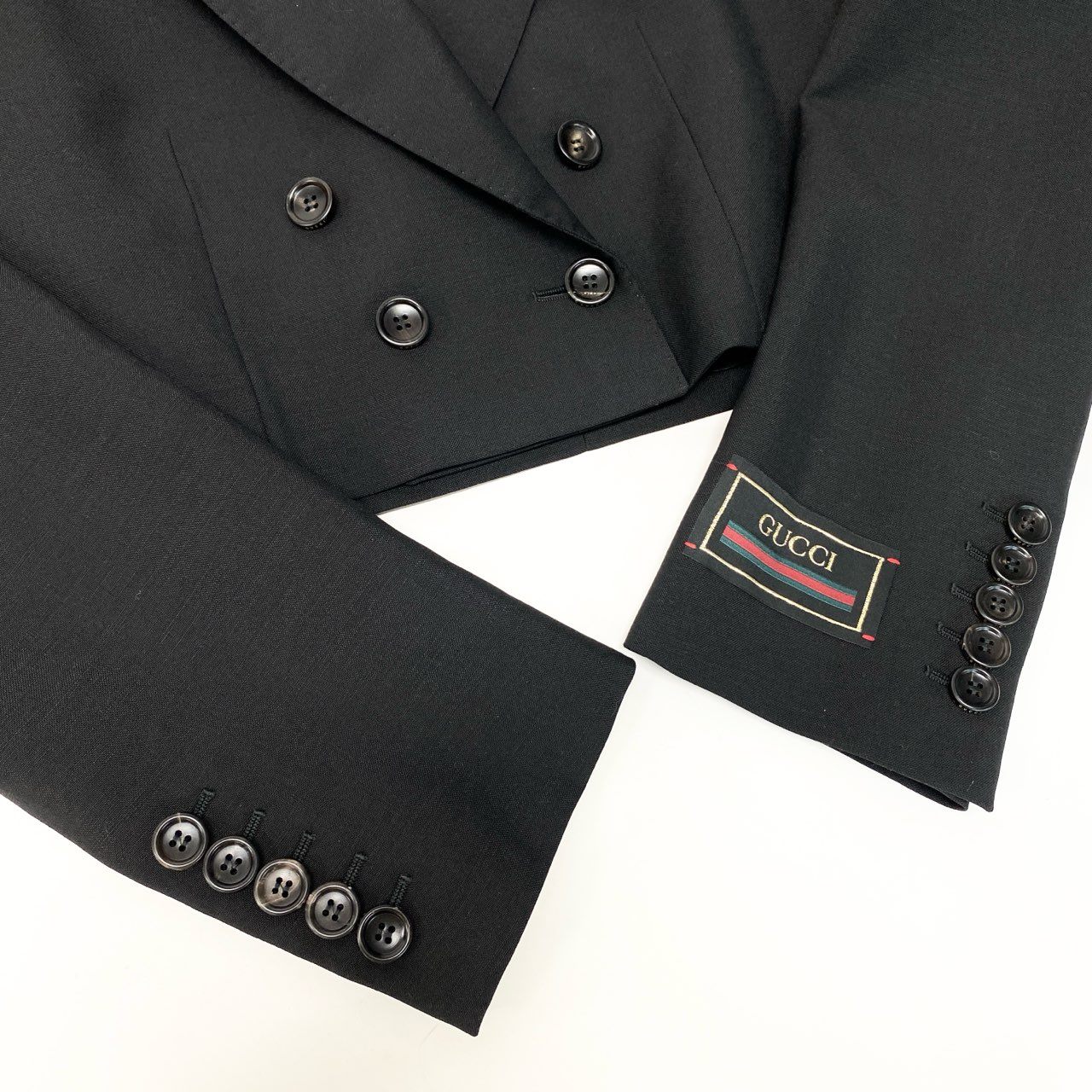 38d3 【美品】GUCCI グッチ ダブルブレストショートジャケット クロップド丈 テーラードジャケット 40サイズ ブラック レディース 女性用o07t