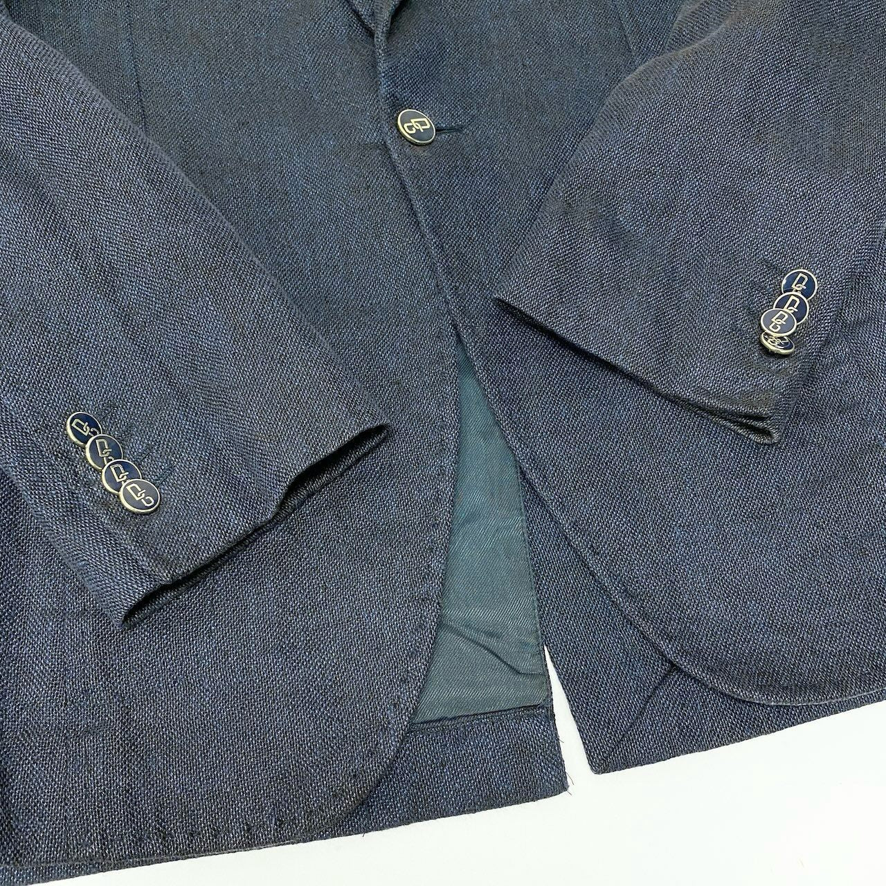 60d13 DOLCE&GABBANA ドルチェアンドガッバーナ テーラードジャケット ブレザー ロゴワッペン ロゴボタン イタリア製 44 ネイビー コットン リネン メンズo07t