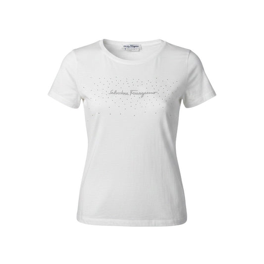 If15 Salvatore Ferragamo サルヴァトーレフェラガモ ロゴ ラインストーン Tシャツ 半袖カットソー イタリア製 Sサイズ ホワイト コットン レディースo07t