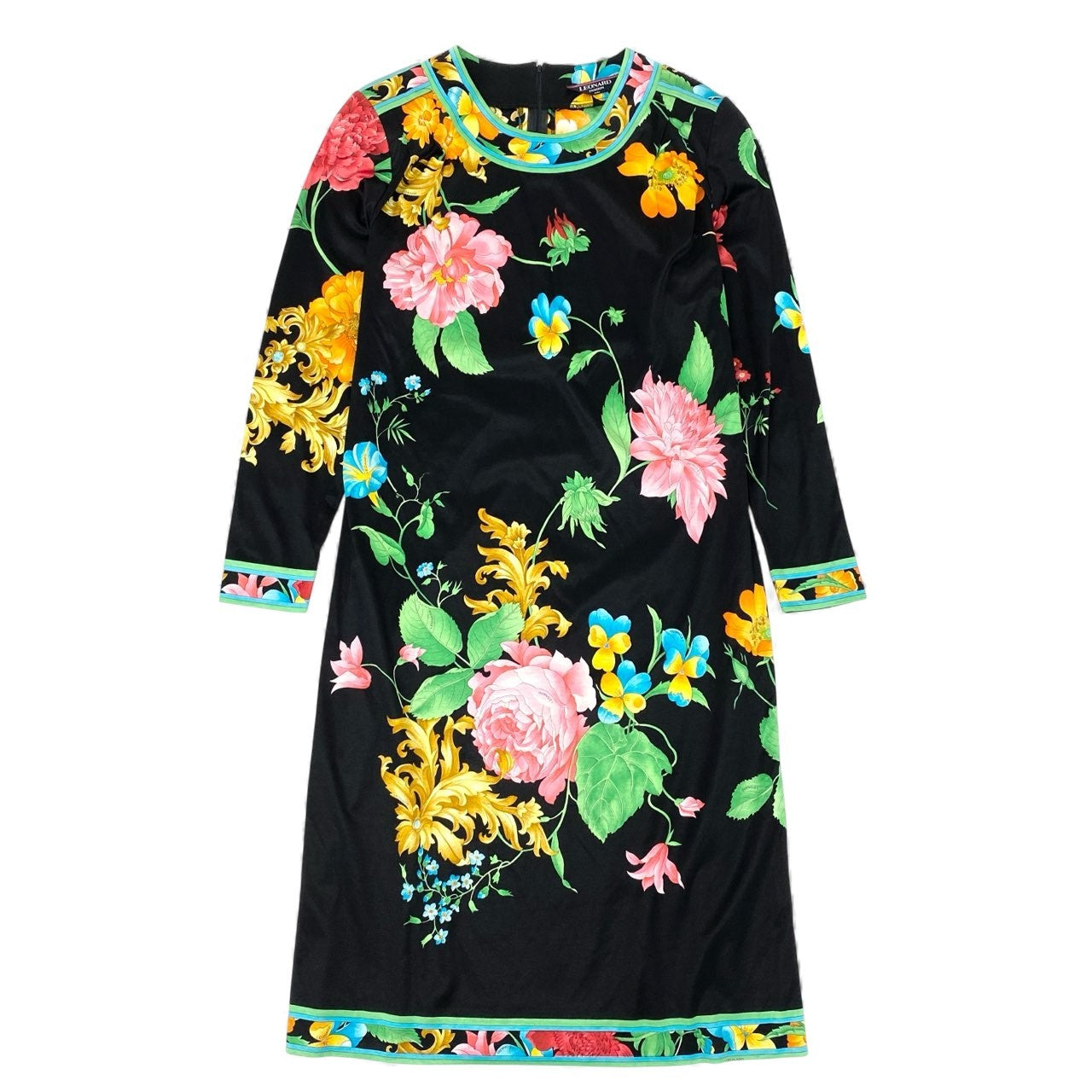 11k28 《美品》 LEONARD レオナール 長袖ワンピース ロングワンピース 美しい花柄プリント L マルチカラー コットン レディースu02t