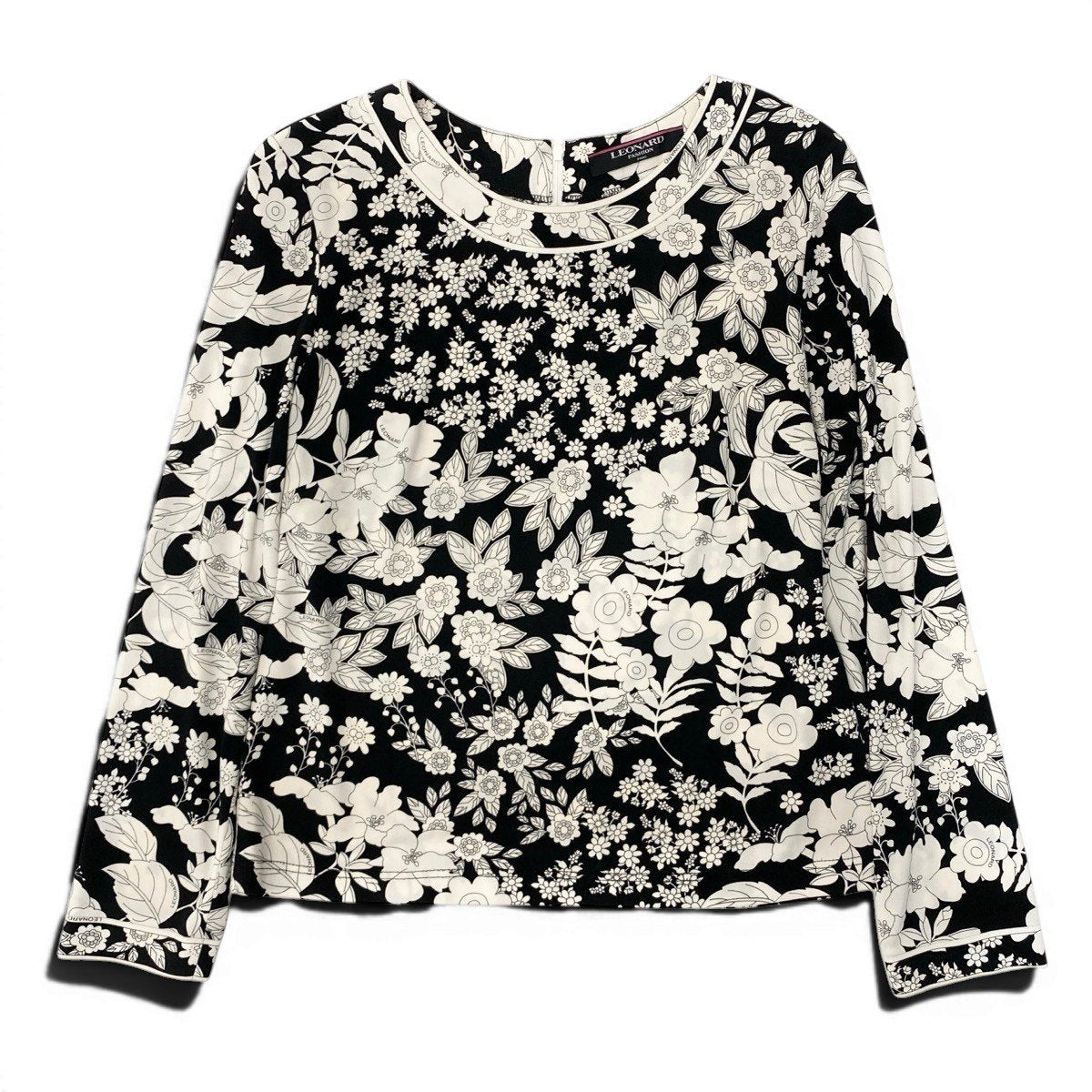 55e19 LEONARD FASHION レオナール ロングスリーブ カットソー カンカン素材 花柄プリント サイズL ブラック ホワイト レディース 女性服u02t