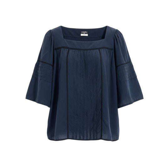 i21 CHANEL 2007年 シルクブラウス スクエアネック パフスリーブ 42サイズ ネイビー シルク100％ レディース 女性用u02t