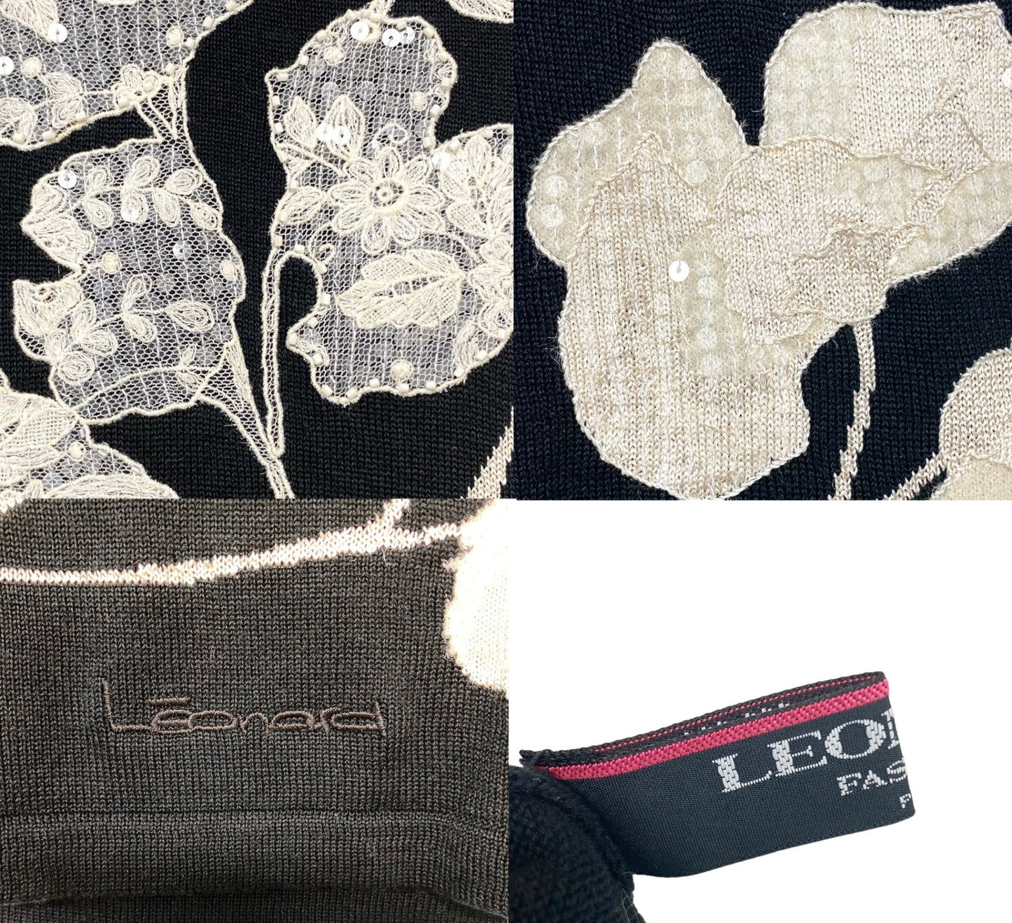 10h31 LEONARD FASHION レオナール タートルネック ニットセーター スパンコール レース装飾 花柄 サイズL ブラック レディースu02t