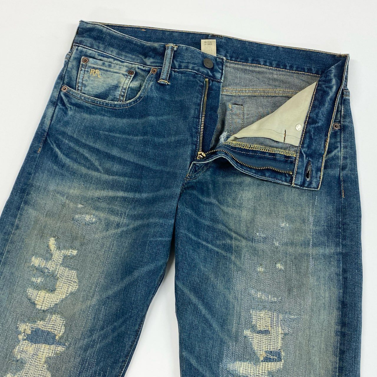 7i25 《美品》RRL ダブルアールエル デニムパンツ ダメージリペア加工 ジップフライ コットン RN41381 30×30 インディゴ メンズk02i