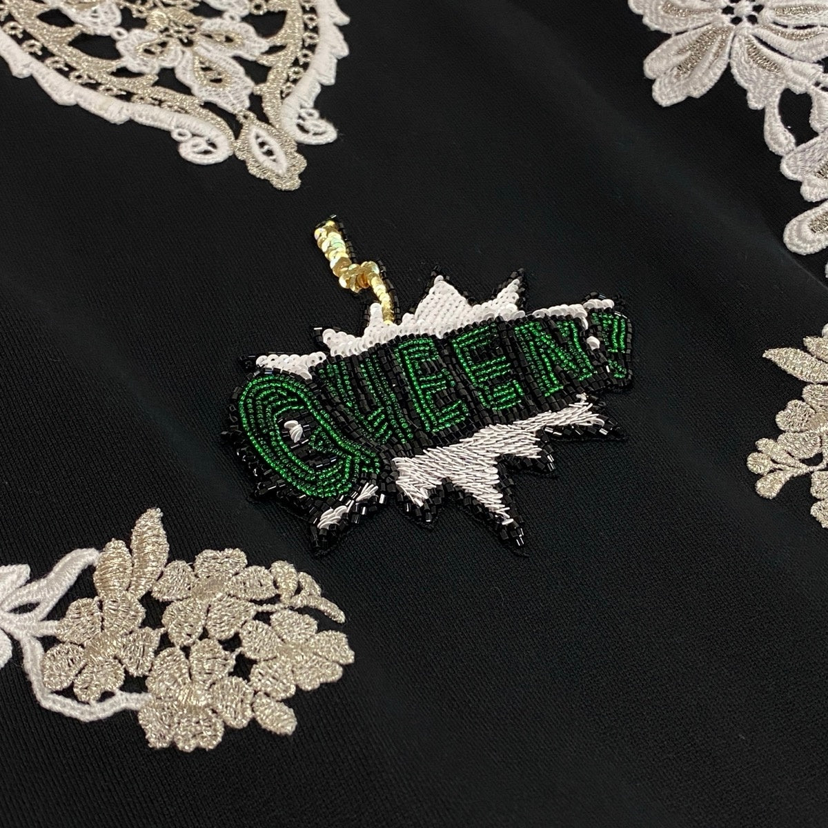 Hh11 【美品】DOLCE&GABBANA レース ビーズ 刺繍 スウェット トップス イタリア製 38サイズ ブラック レディース 女性用k02i