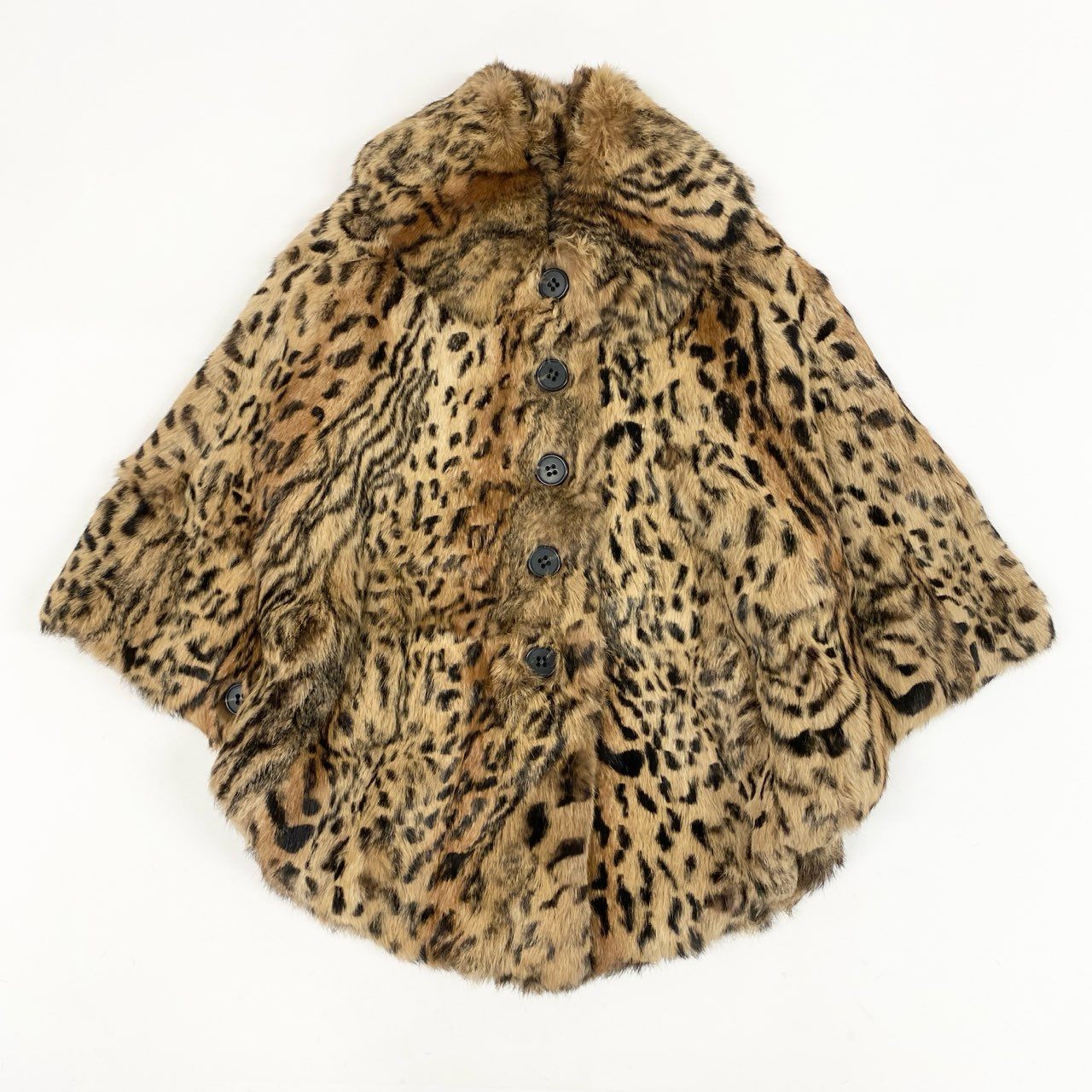 50b16 METEO レオパード柄 ラビットファー ケープポンチョ サイズ36 茶系 本毛皮 フランス製 Rabbit Fur Capet18r