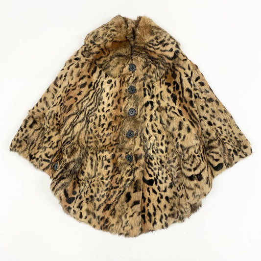 50b16 METEO レオパード柄 ラビットファー ケープポンチョ サイズ36 茶系 本毛皮 フランス製 Rabbit Fur Capet18r