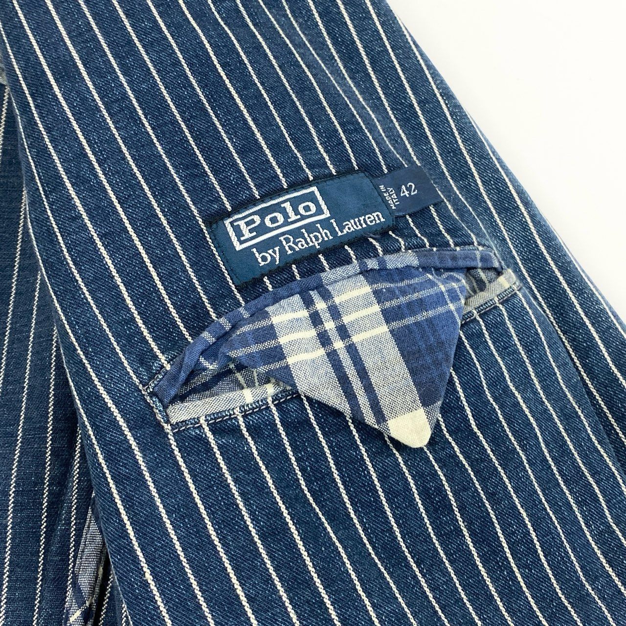43f25 【イタリア製】POLO by RALPH LAUREN ポロバイラルフローレン 希少モデル インディゴ ヒッコリーストライプ テーラードジャケット ピークドラペル サイズ42 メンズ ドレスジャケットk02i