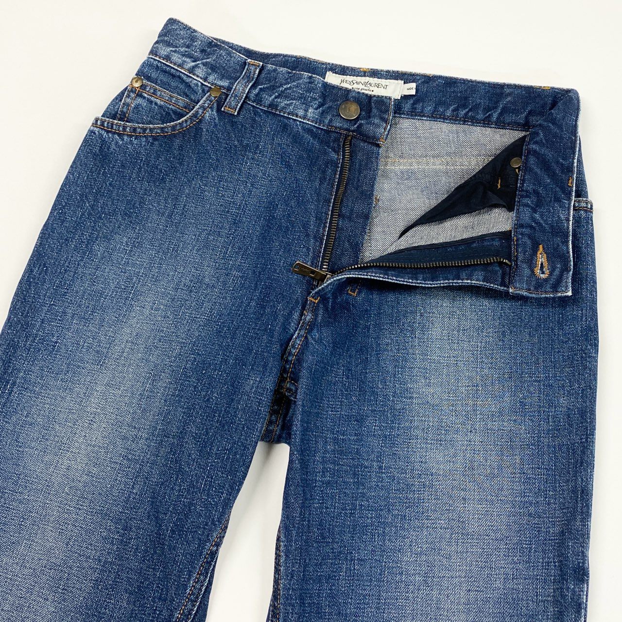 Ia14 Yves Saint Laurent ヴィンテージ イヴサンローラン YSLロゴ バックポケット フレアデニム デニムパンツ サイズ44 インディゴ コットン100 レディース 女性用 ボトムk02i