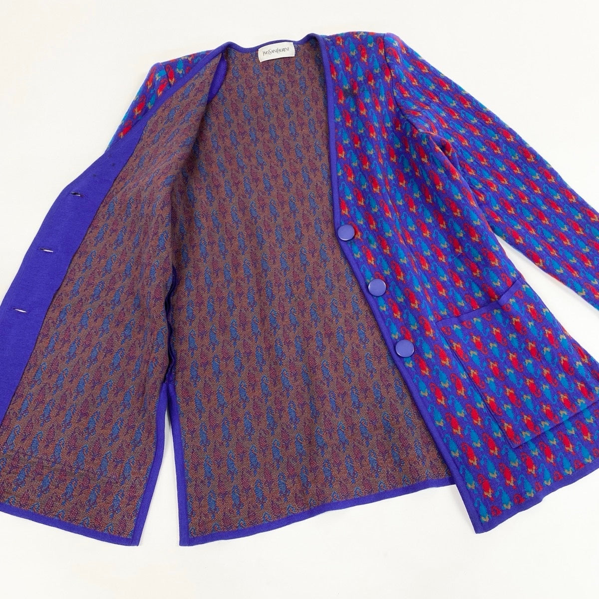 63f2 YVES SAINT LAURENT イヴサンローラン ロングニットカーディガン ウールニット 総柄  パープル ウール100％ レディース 女性服o07t