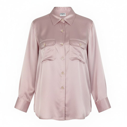 b26 CHANEL ヴィンテージ シャネル 1996年 ココマークボタン シルクシャツ シルクブラウス M~L相当 レディース トップスta1