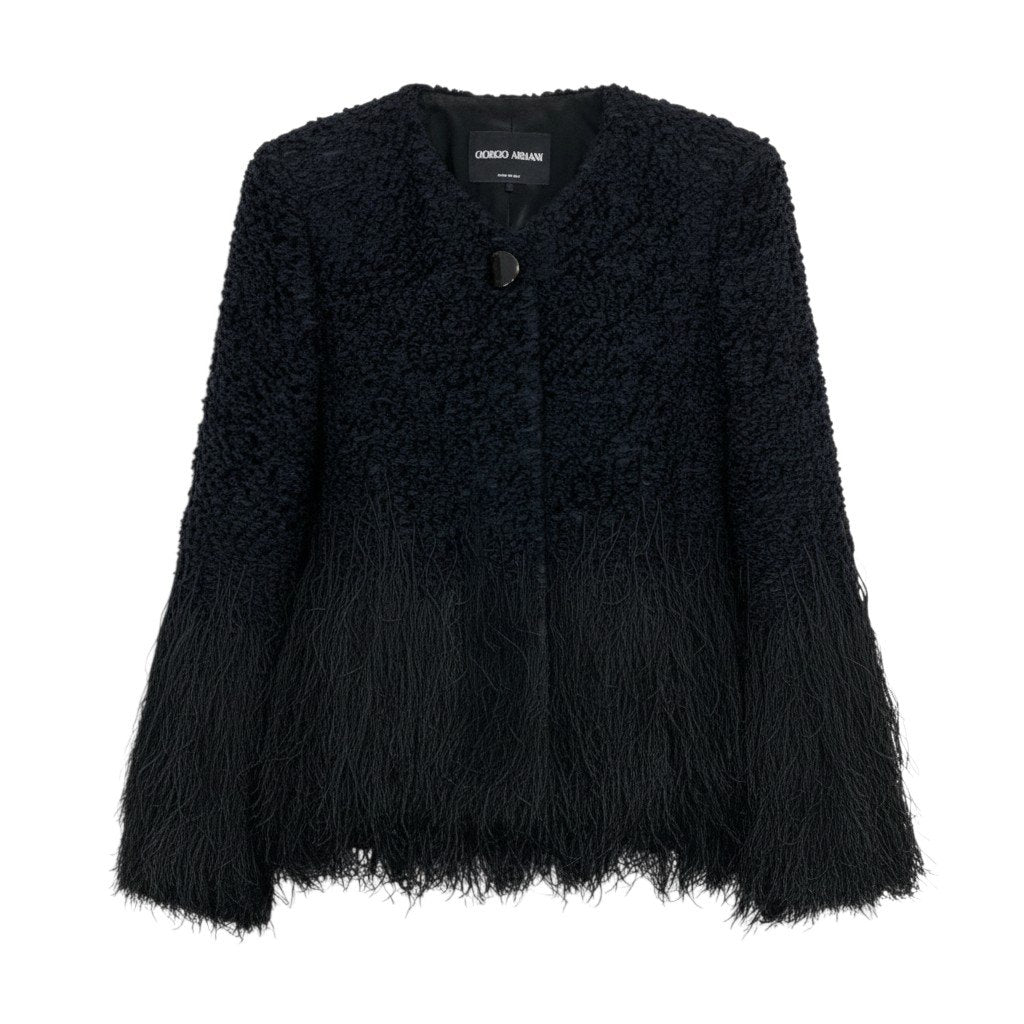 Ab13 GIORGIO ARMANI ジョルジオアルマーニ ツイードジャケット フリンジ デザインジャケット 40 ブラック レディースta1
