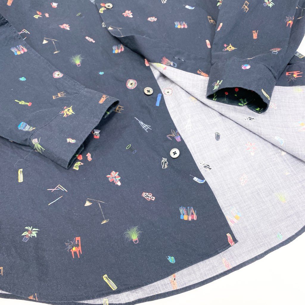 67a12 Paul Smith ポールスミス  ロングスリーブシャツ コットンシャツ 総柄プリント 薄手 メンズ 紳士服 PF-WR-45089 M ネイビー 綿100％u02t