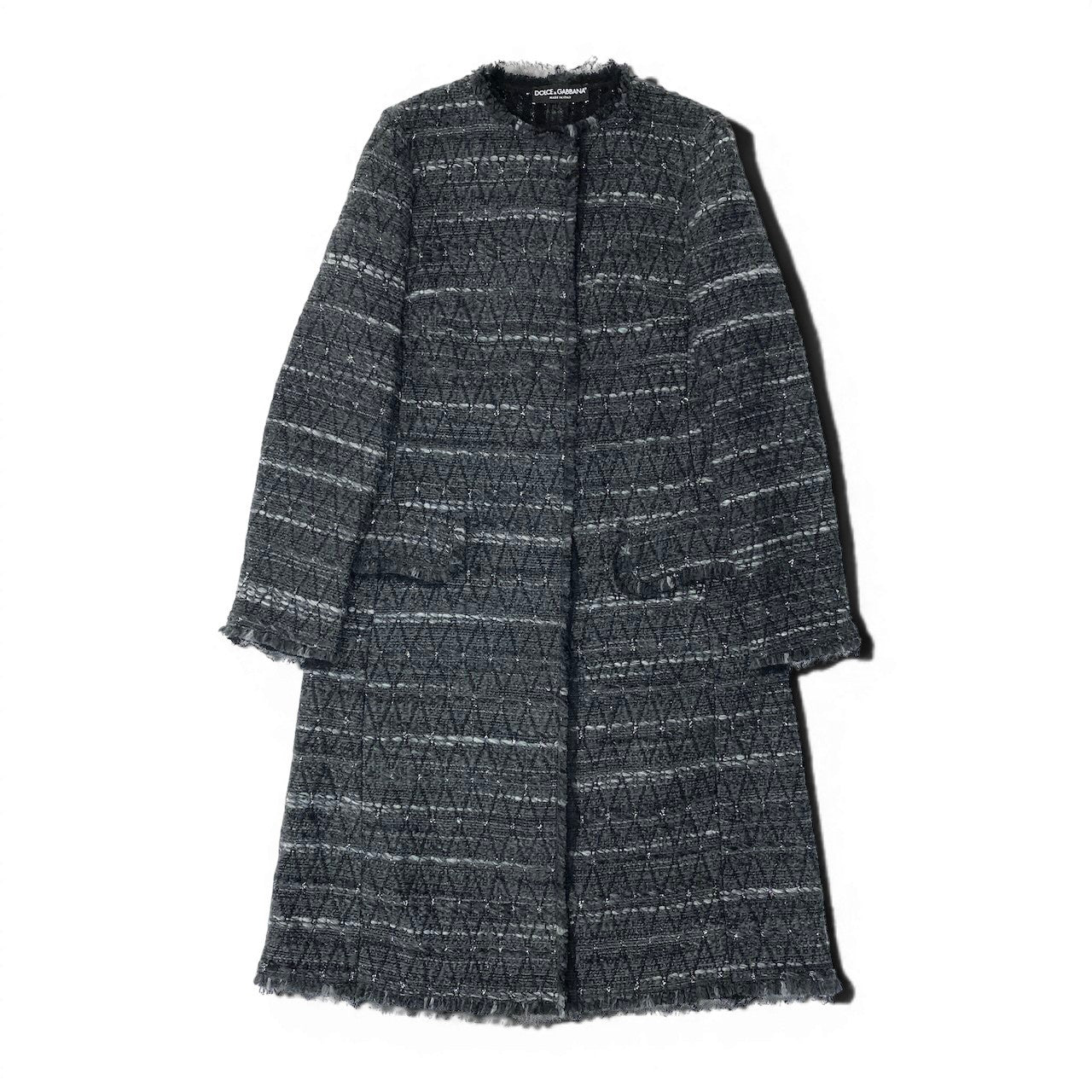 86e1 DOLCE&GABBANA ドルチェアンドガッバーナ ノーカラー ツイードコート ロングコート  イタリア製 サイズ38 グレー系 レディース 女性服u02t