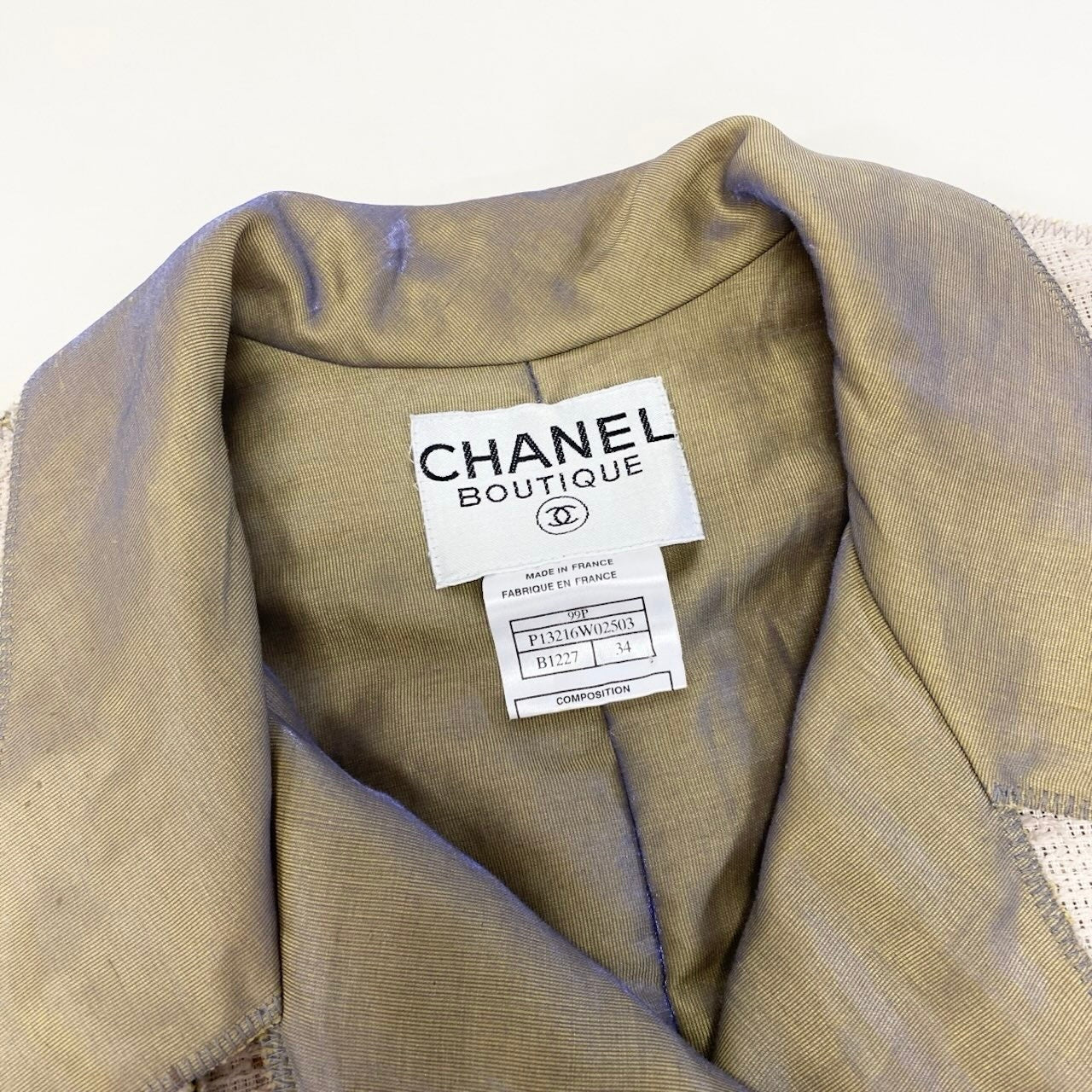 Cf9 CHANEL 1999年 ツイードジャケット フランス製 P13216 34サイズ ベージュ ポリエステル100％ レディース 女性用u02t
