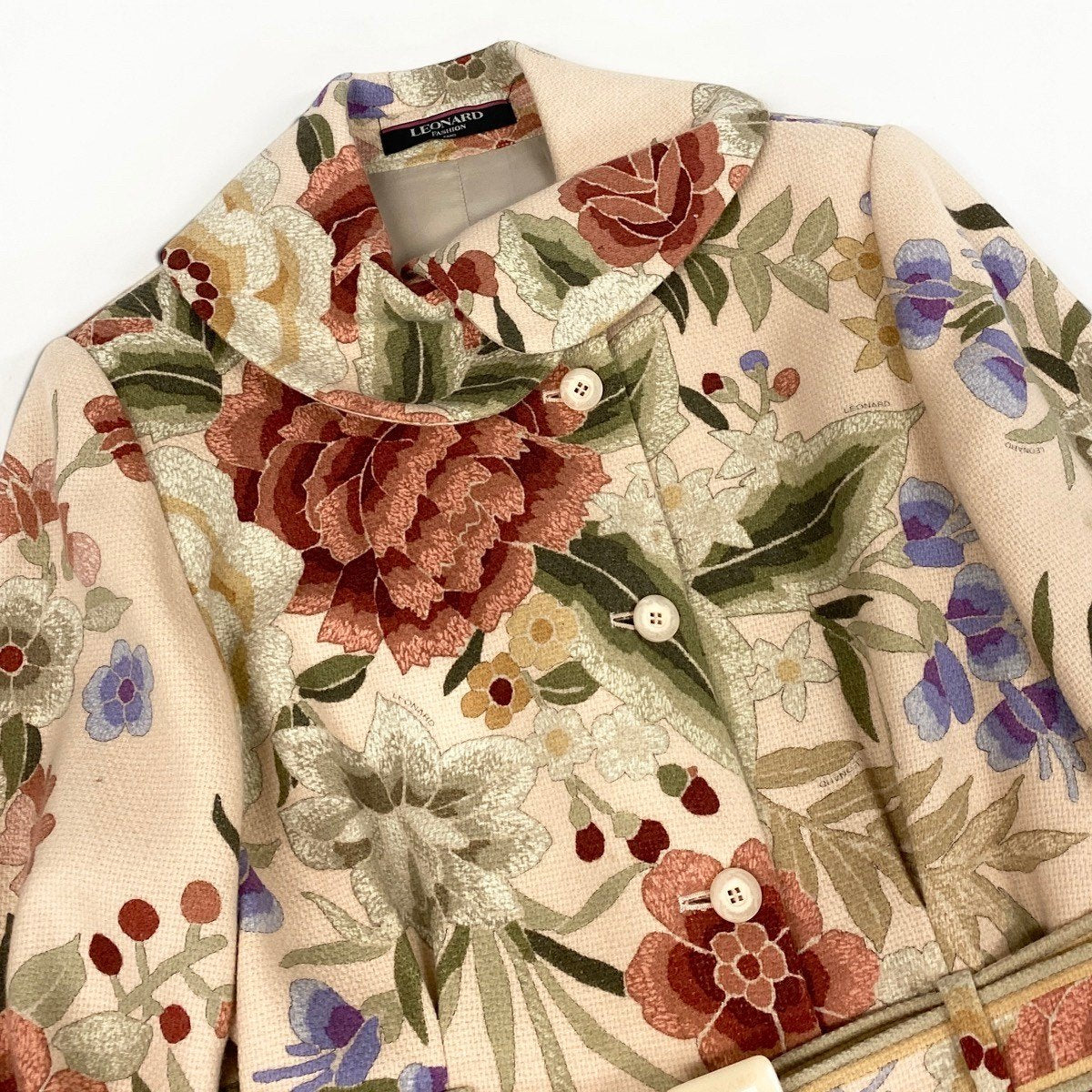 22i15 LEONARD レオナール ウールコート ロングコート カシミヤ混 花柄 ベルテッドコート 0328304 11AR ベージュ マルチカラー レディース 女性用u02t
