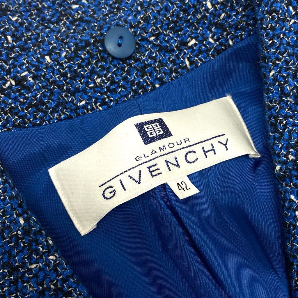 7a9 GIVENCHY ジバンシィー Vintage セットアップ スカートスーツ ツイード ジャケット タイトスカート ロゴボタン 42サイズ ブルー系 レディースo07t