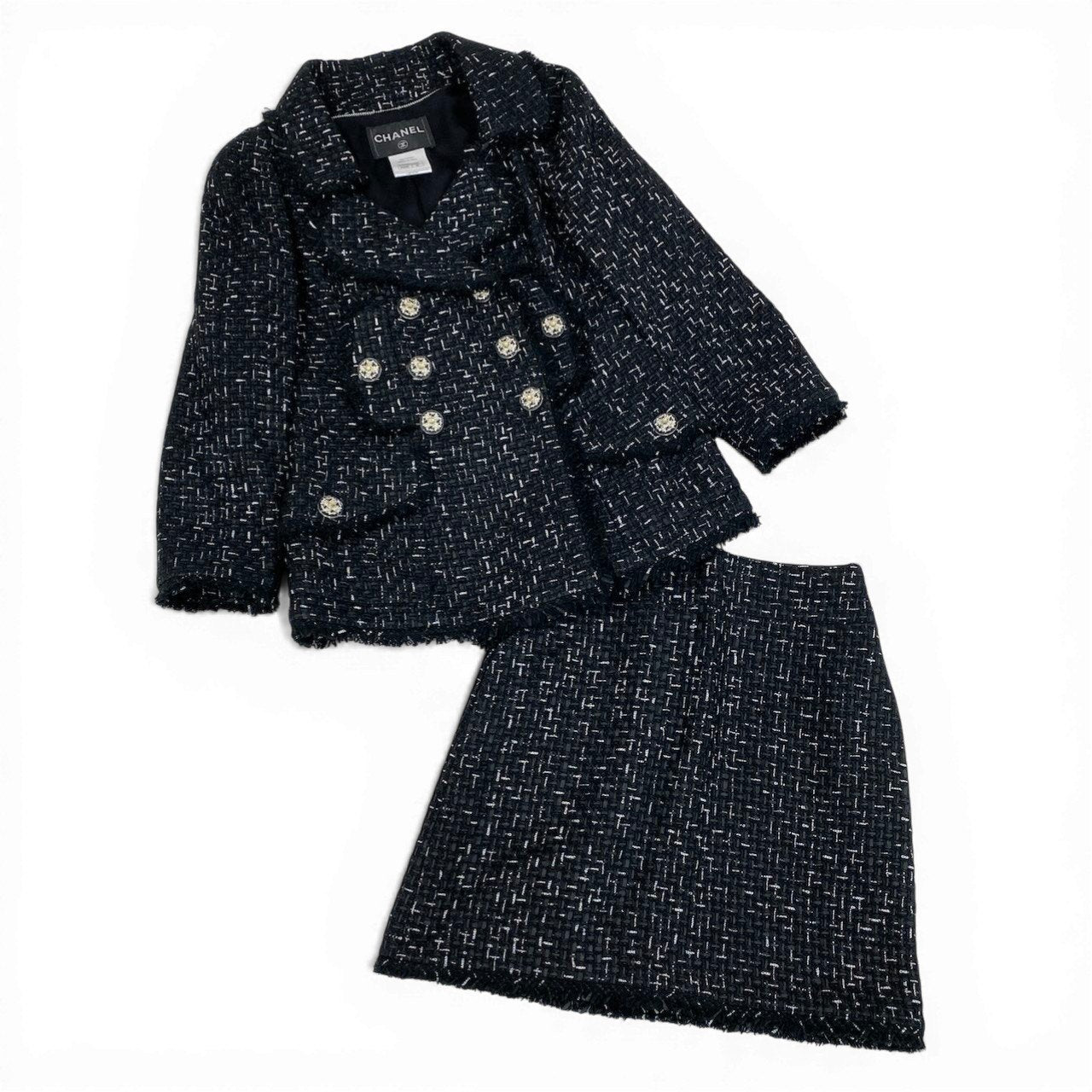 Cc31 《極美品》 CHANEL シャネル ロゴリボンテープ ルサージュ ダブルツイード セットアップ Logo Ribbon Lesage Double Tweed Setup P45108 サイズ36 ブラックt18r