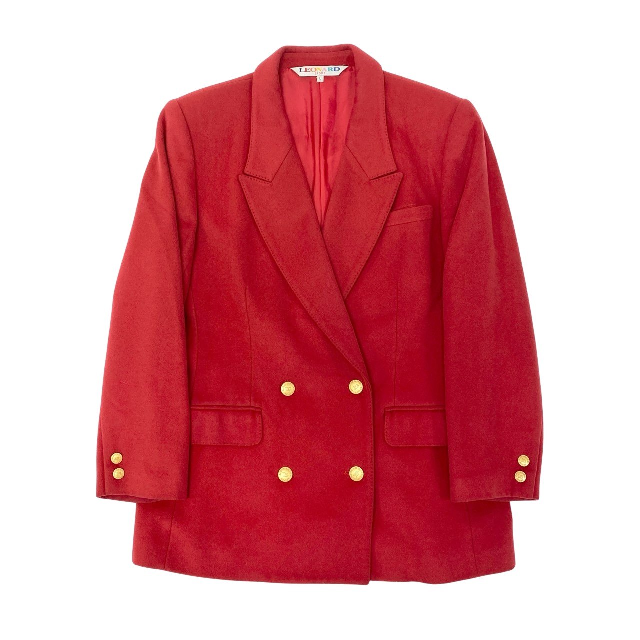 15Ⅼ1 LEONARD レオナール テーラードジャケット ブレザー カシミヤジャケット 金ボタン Lサイズ レッド カシミヤ100％ レディースo07t