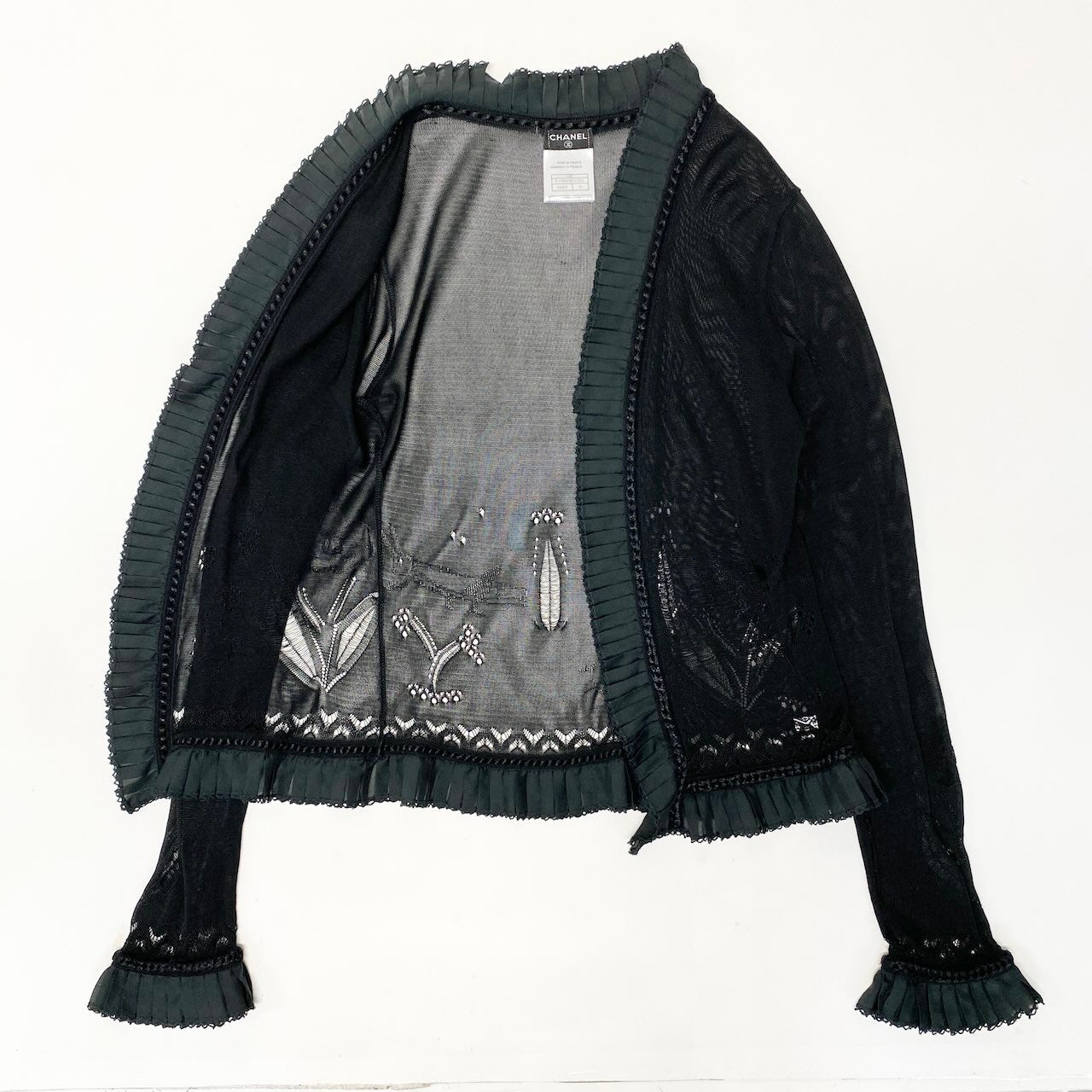 e8 CHANEL 2004SS ニットカーディガン ボレロ レース 花柄 P23080 36サイズ ブラック レーヨン100％ レディース 女性用k02i