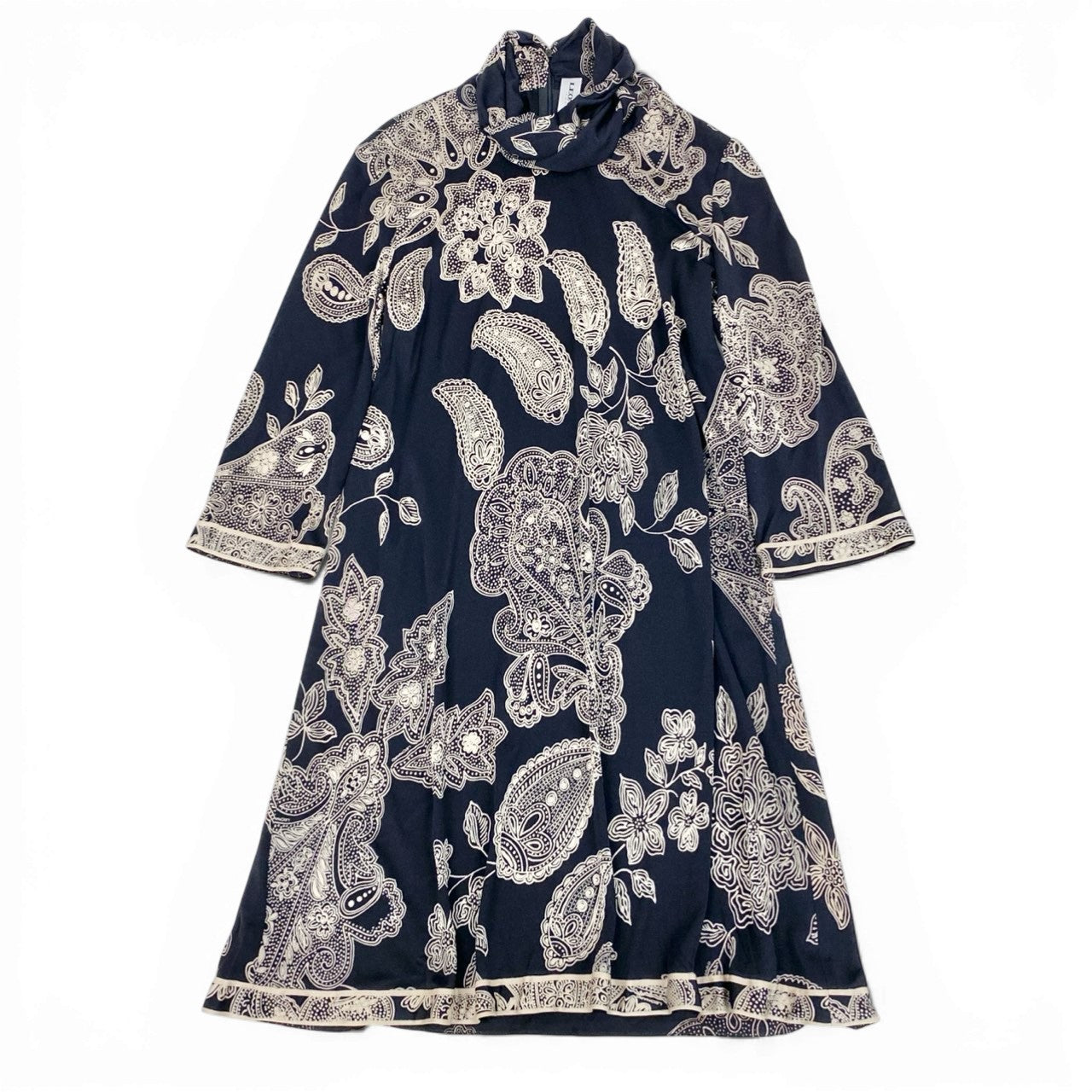 51b12 【美品】LEONARD レオナール ハイネックロングスリーブチュニックワンピース 総柄プリント 42サイズ ブラック ベージュ コットン100％ レディース 女性用u02t