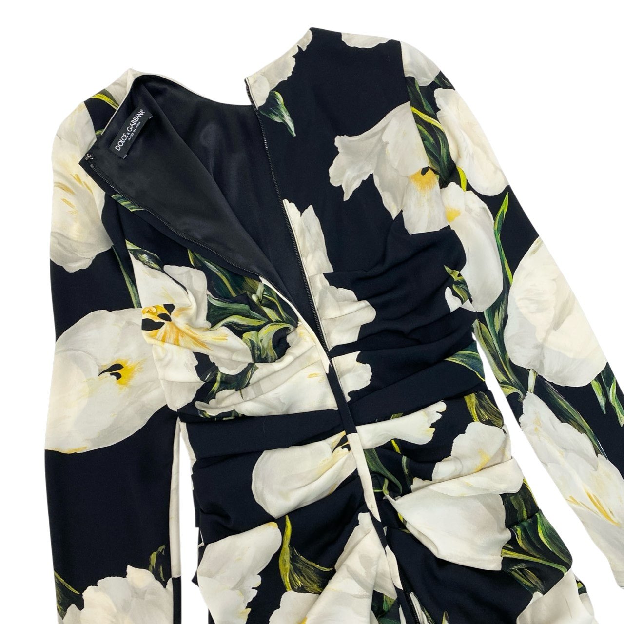 13c5 DOLCE＆GABBANA ドルチェアンドガッバーナ ドレスワンピース ロングワンピース 花柄 フラワー 長袖 36 ブラック ホワイト シルク レディースu02t