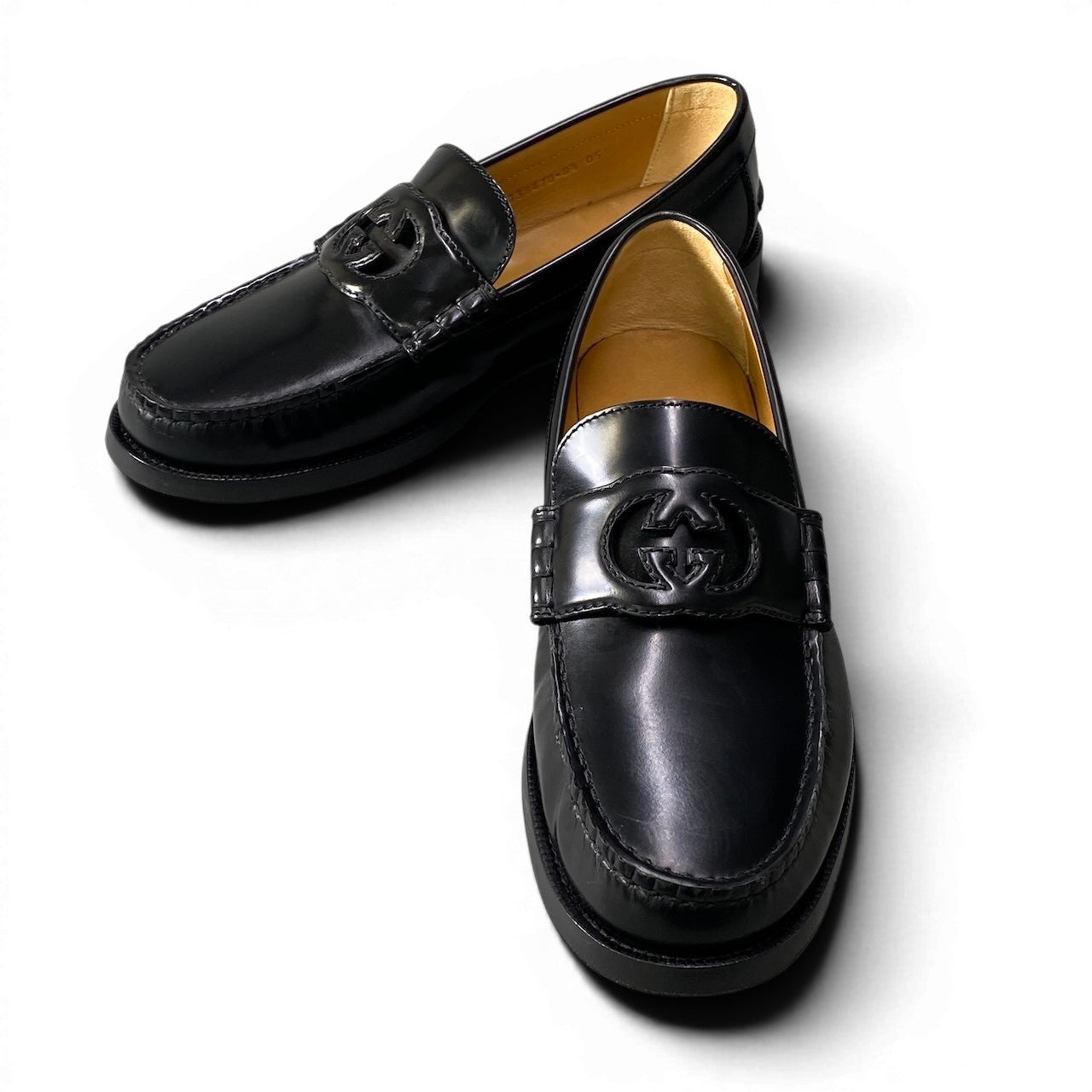 e4 GUCCI グッチ インターロッキング GGロゴ ローファー シューズ ドレスシューズ スリッポン 738470 8 1/2 ブラック レザー メンズo07t