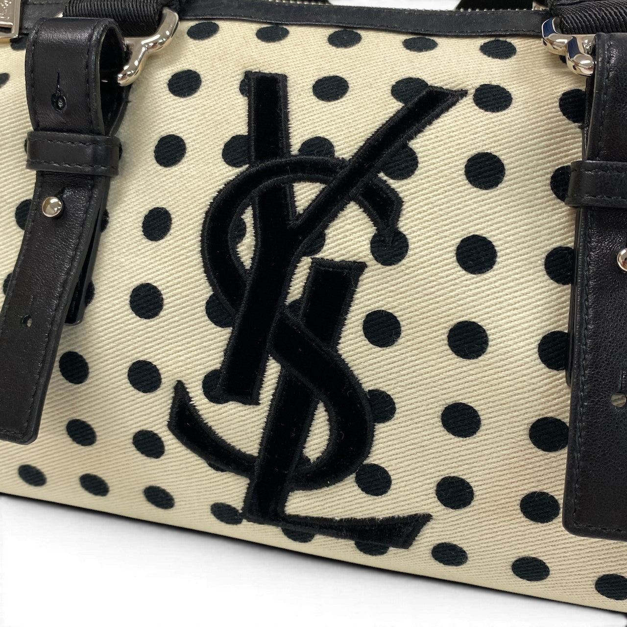 e4 《美品》 Yves Saint Laurent イヴサンローラン ポルカドット ミニボストンバッグ Vintage Polka Dot Mini Boston ホワイト ブラックt18r