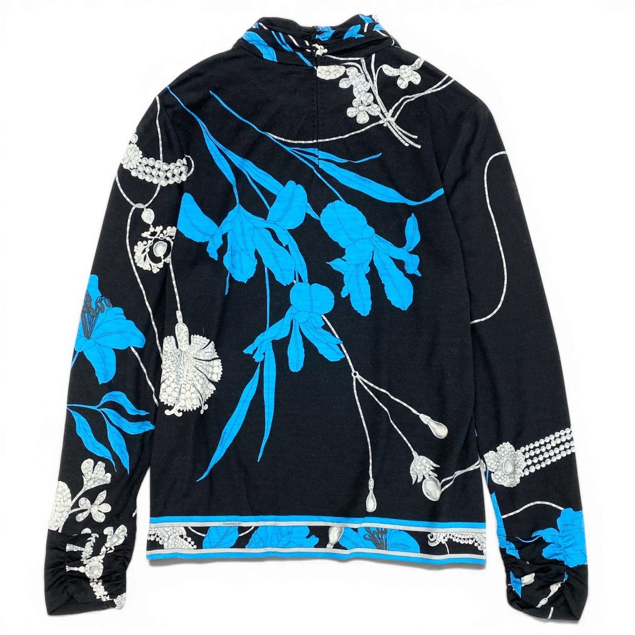 60d13 LEONARD FASHION レオナール ロングスリーブカットソー 美しい花柄プリント ハイネック トップス ウールシルク混 サイズ40 ブラック レディース 女性用u02t