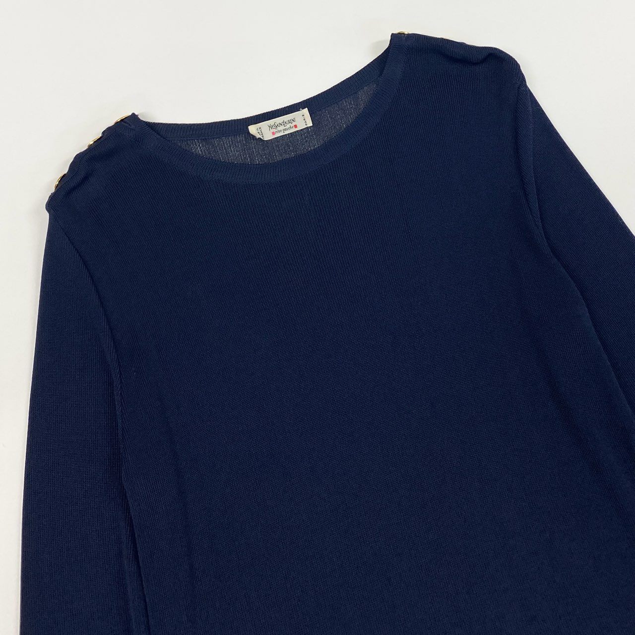 E  Yves Saint Laurent rive gauche イヴサンローラン リブゴーシュ 長袖ニット 金ボタン ネイビー レーヨン レディース フランス製u02t