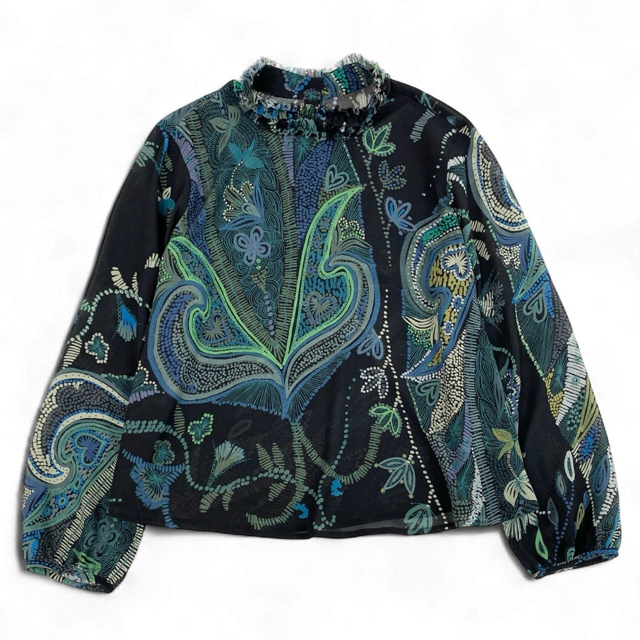 41k26 《美品》 TOKUKO 1er VOL トクコプルミエヴォル シアーブラウス フリルネック 総柄プリント ロングスリーブ レディース 女性用 9 ブラック ポリエステル100％u02t