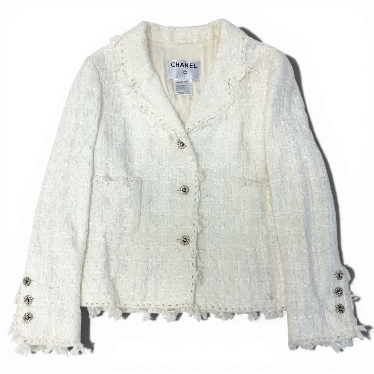 38a15 CHANEL シャネル 2005 カメリアボタン ツイードジャケット 05C Tweed Jacket P24873V15453 42 ホワイト レディースo07t