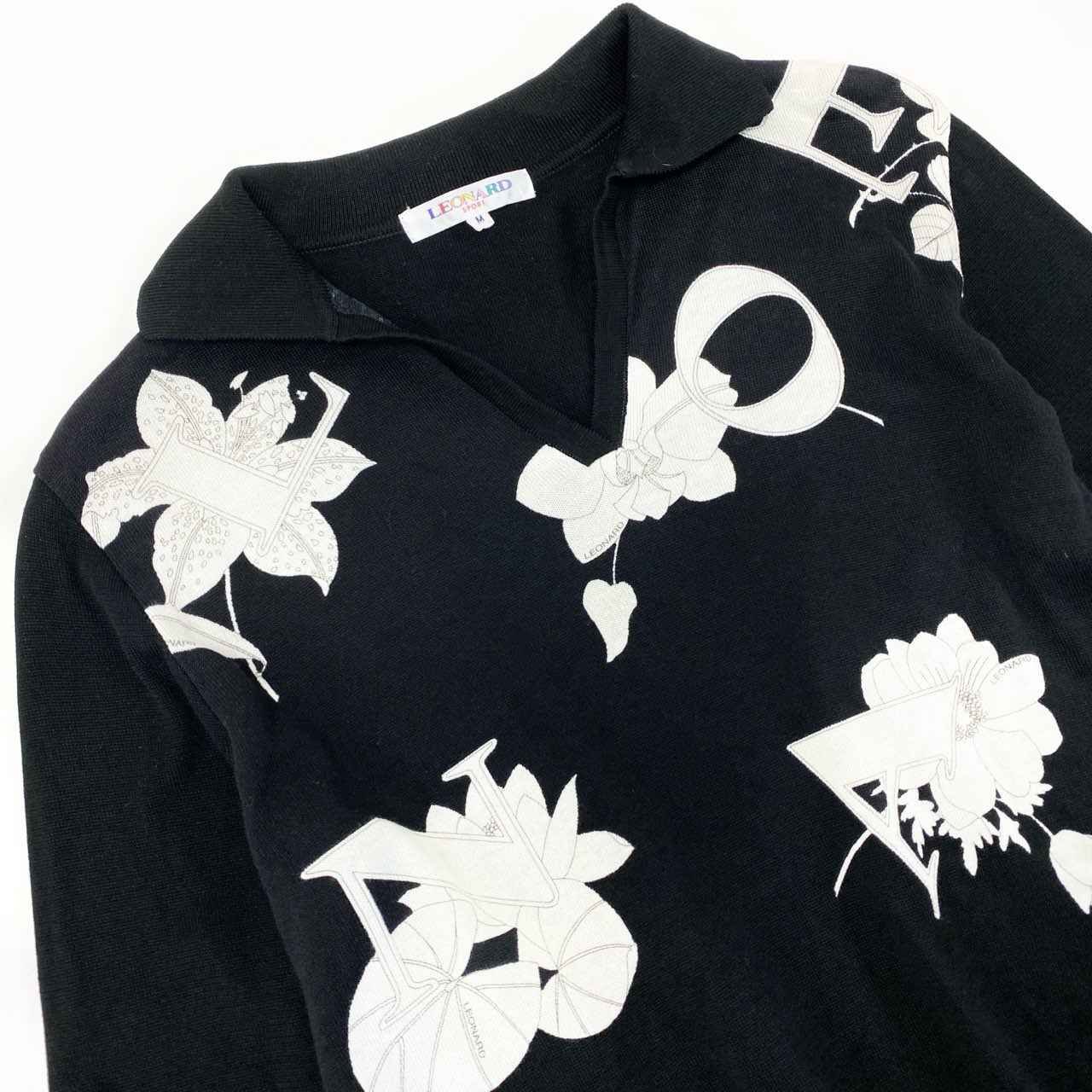 79k21 LEONARD SPORT レオナールスポーツ Vネック ニットセーター コットンニット 7分袖 花柄 レディース 女性用 M ブラック 綿100％u02t
