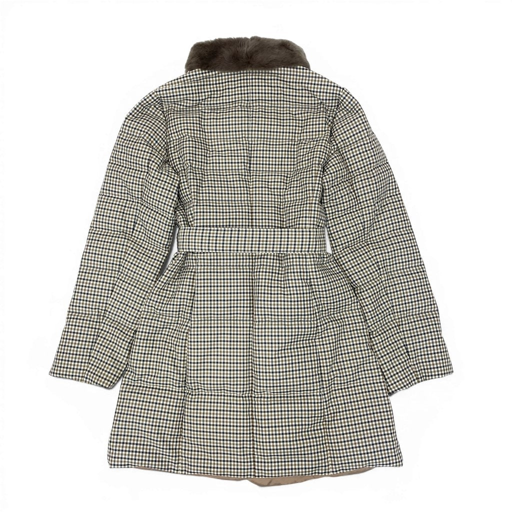 42a27 Aquascutum LONDON アクアスキュータム リバーシブル ダウンコート 2way レッキスラビットファー チェック柄 レディース サイズ8 ベージュo07t