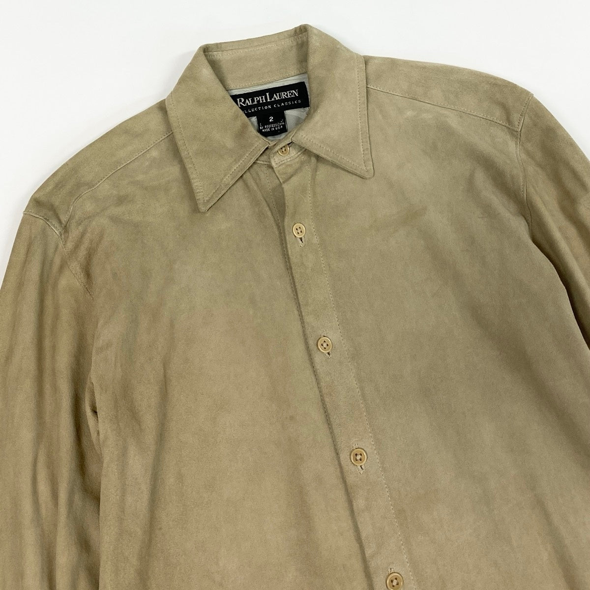 6i14 RALPH LAUREN ラルフローレン USA製 ブラックレーベル スエードレザー ロングスリーブシャツ サイズ2 ベージュ メンズk02i