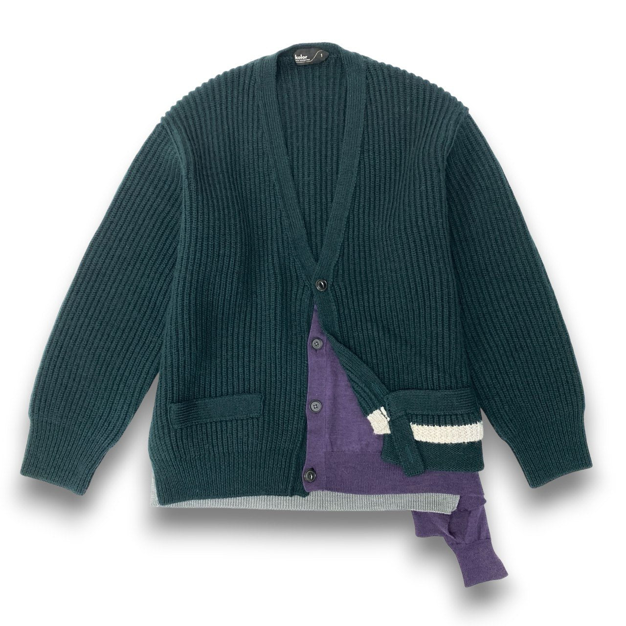 36c10 kolor カラー ドッキング 切替カーディガン ウールニットセーター 22WCM-NO7304 1サイズ グリーン パープル ウール100％ メンズ 男性用o07t