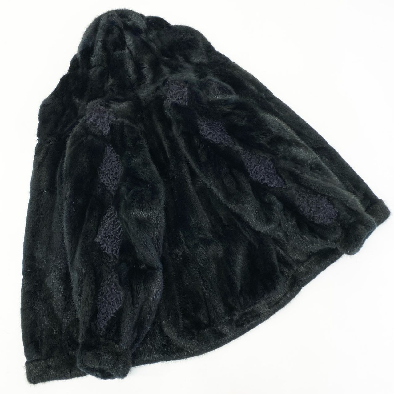 7a27 フード付き 染めミンク ファーコート サイズF ブラック ネイビー 本毛皮 Mink Fur Coat 希少デザインt18r