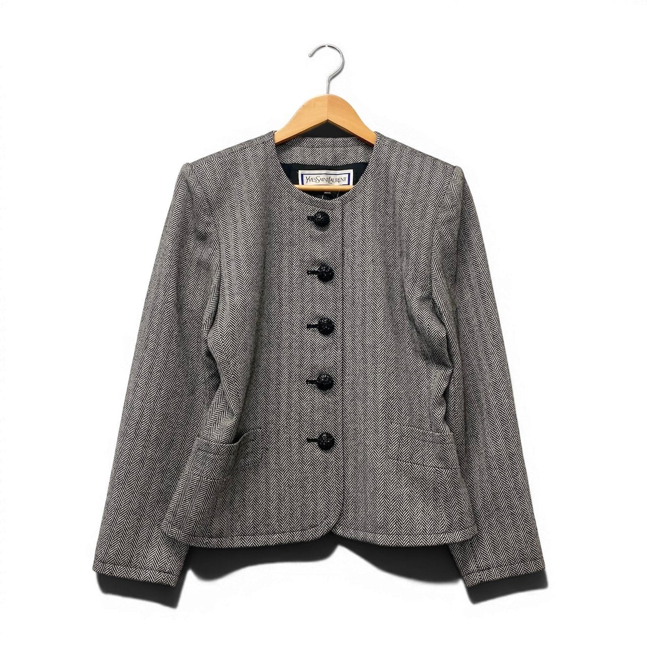 31g2 YVES SAINT LAURENT イヴサンローラン ノーカラージャケット ヘリンボーン柄  サイズM ブラック ホワイト ウール100％ レディース 女性用u02t